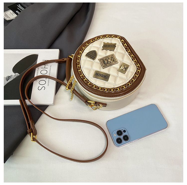 Xiaoxiangfeng Laukku Uusi korealainen versio Muodikas persoonallisuus Splicing Trend Yksi olkapää Naisten Crossbody Pieni Pyöreä Laukku_voghion.com