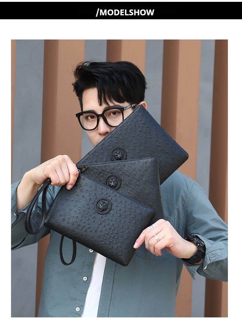 Aktentasche für Herren – Stilvolle Clutch aus Straußenleder, Business-Mode-Umschlagtasche aus weichem Leder in großen, mittleren und kleinen Größen für Berufstätige_voghion.com