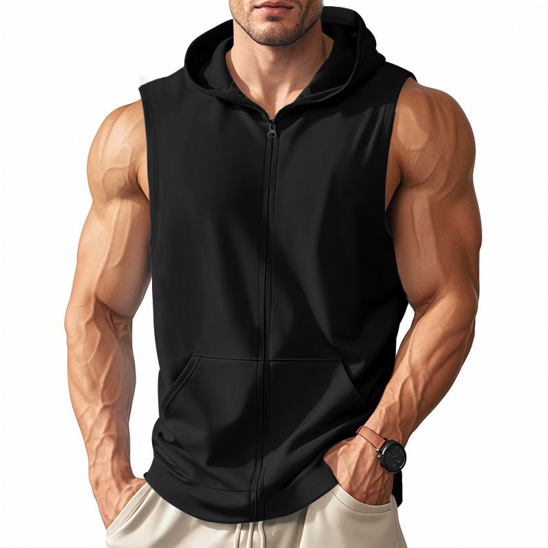 Herren Sommer Unterhemd mit Kapuze Sport Fitness Training Reißverschluss Strickjacke Ärmellose Weste Tops_voghion.com