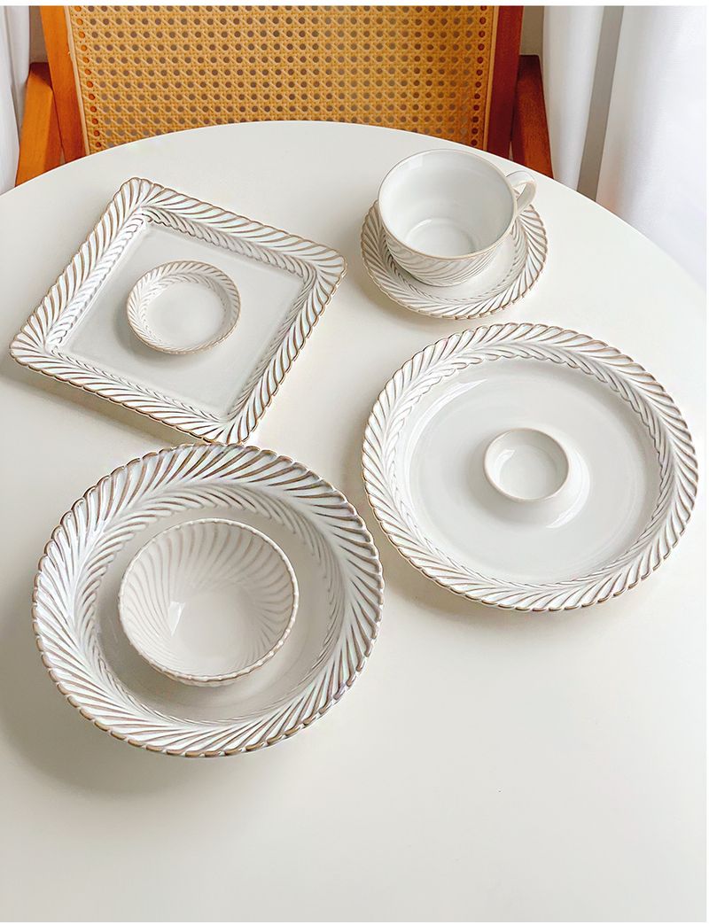 Shy Mimosa Ceramic Tableware Set – Japanese-Style Glazed Floral Relief Bowls, Plates & Cups, Microwave-Safe Modern Minimalist Dinnerware_voghion.com