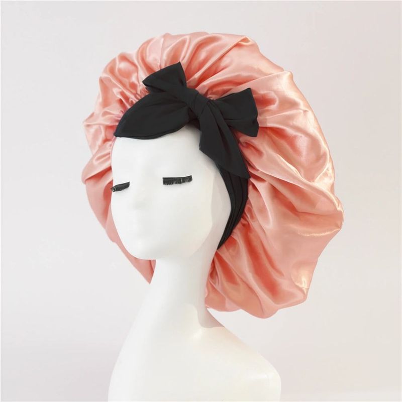 Cappello da notte con sciarpa di bellezza, fiocco di nastro, colore: raso, tesa larga_voghion.com