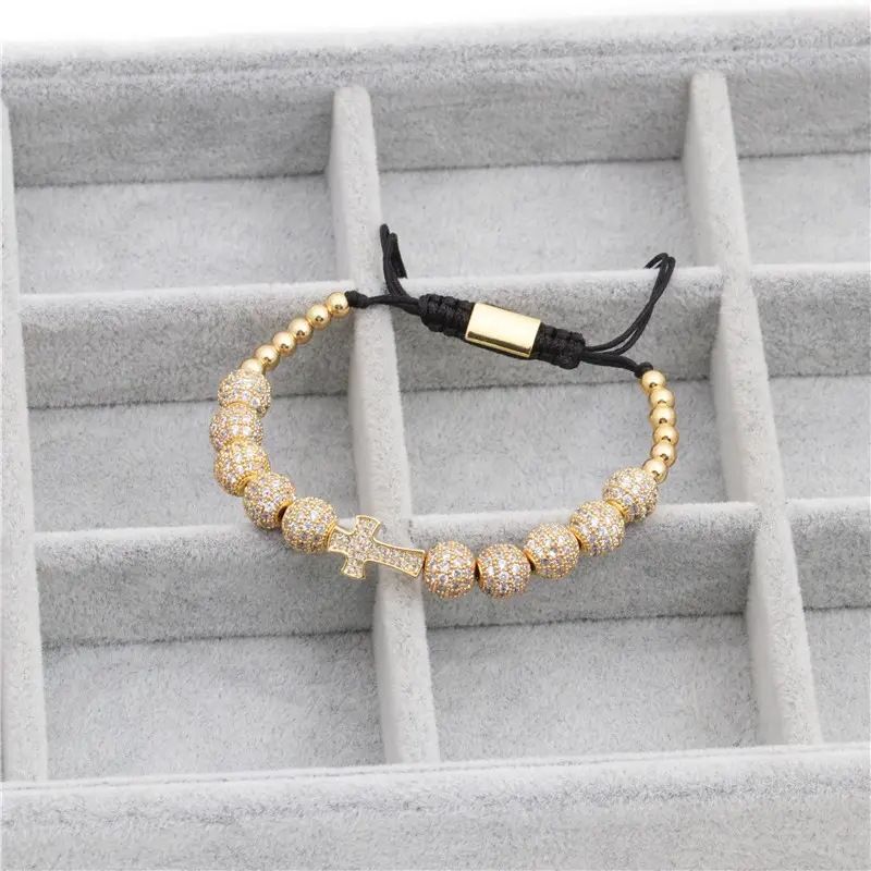 Schmuck & Zubehör Heißer verkauf hand gewebt einstellbar micro intarsien 8mm zirkon ball kreuz charme hand gewebt spitze armband_voghion.com