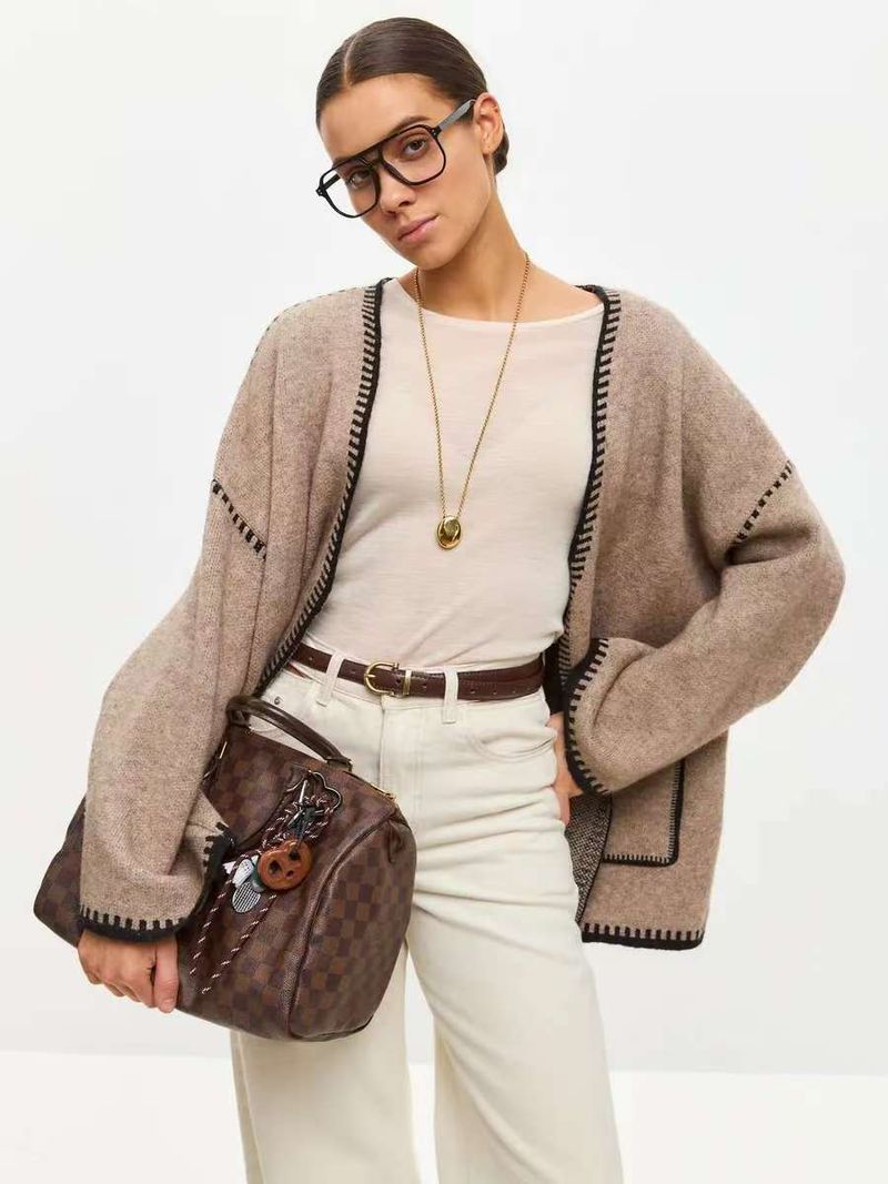 Elegant Belted Knit Cardigan - Oversized Longline V-Neck Sweater With Contrast Trim, Soft Lambswool Blend, Casual & Chic_voghion.com