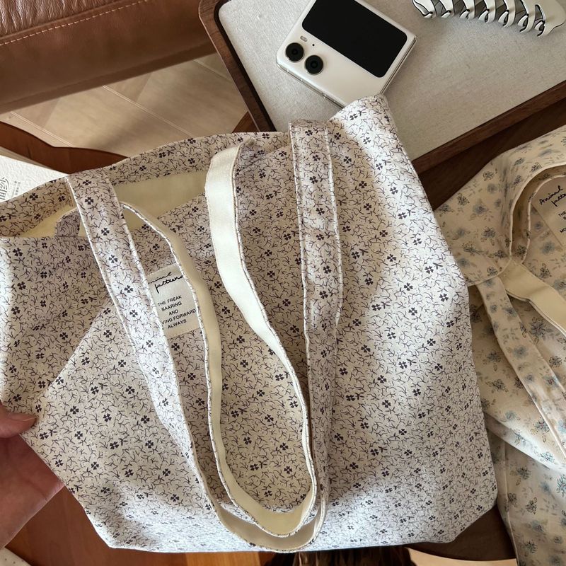 【Suxi Cloth Bag】Gray Black Floral Bow Cotton Shoulder Large Capacity Canvas Bag Simple Versatile_voghion.com