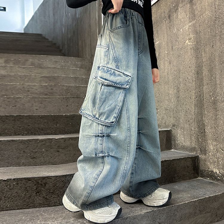 Jeans mit großen Taschen für Mutter und Kind, Used-Look, Jeans mit großen Taschen – Stretchbund, bequem und stylisch für Mädchen (120–170 cm, mehrere Farben)_voghion.com