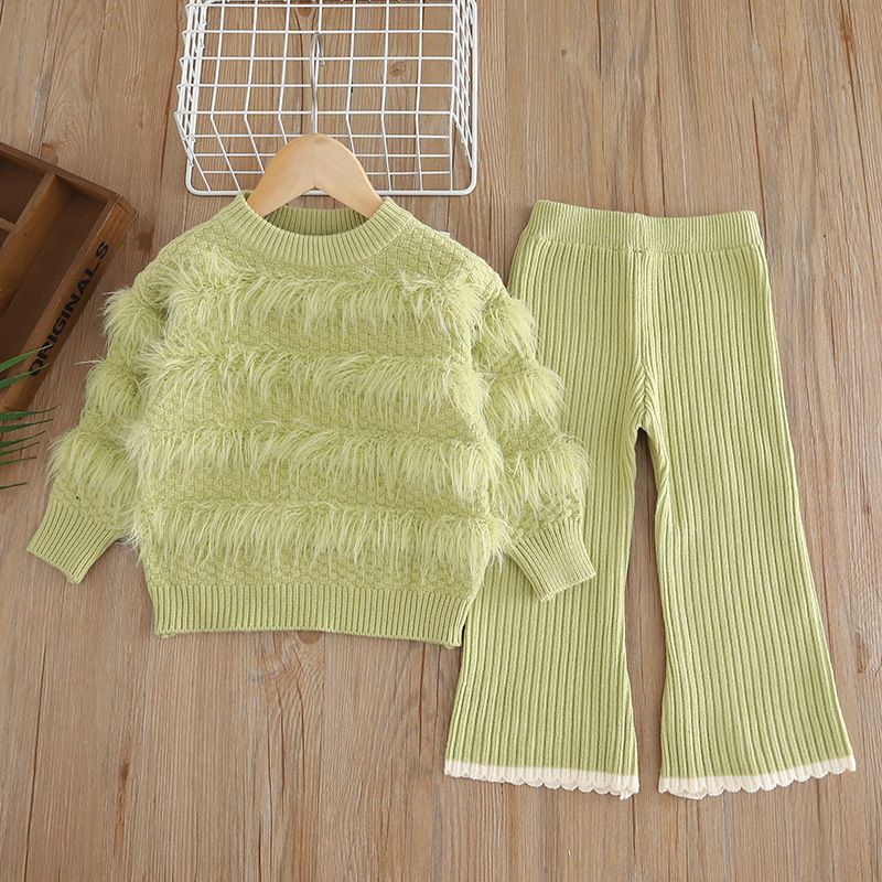 Mädchen-Set aus Strickpullover und Schlaghose – weiche Polyestermischung, koreanischer Stil, 3–8 Jahre (100–140 cm), Beige/Rot/Pink/Grün_voghion.com