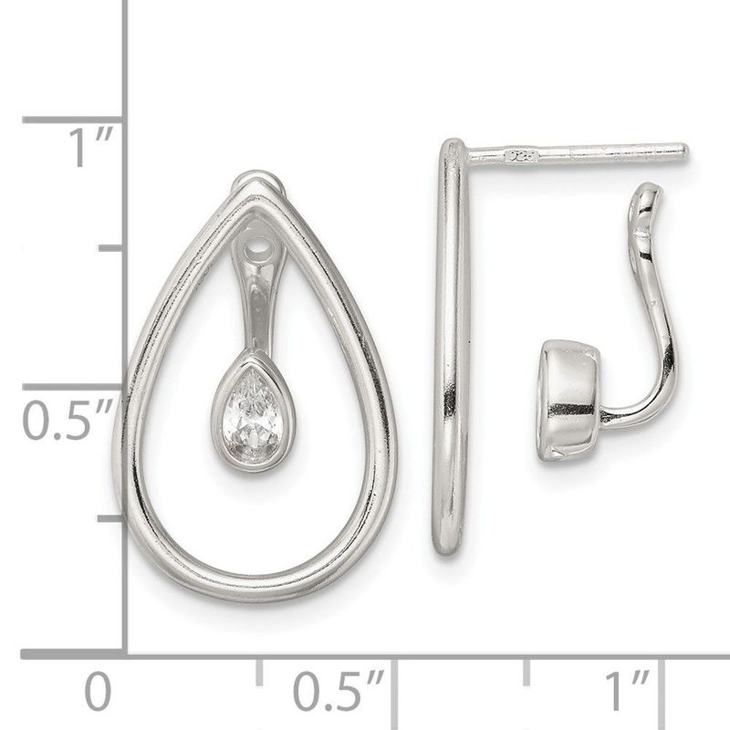 Sterling Silver Polished Teardrop W/Drop And Dangle CZ Threader Post Earrin_voghion.com