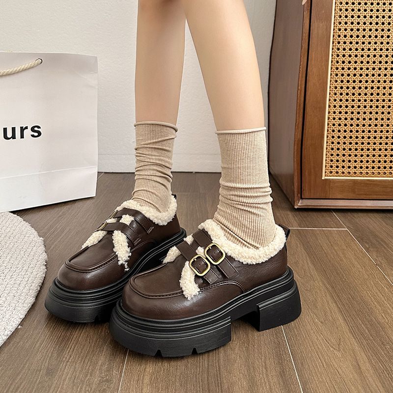 Plush cotton Le Fu Mary Zhen small leather shoes, 2023 autumn winter new item, sponge sole, warm and height increasing_voghion.com