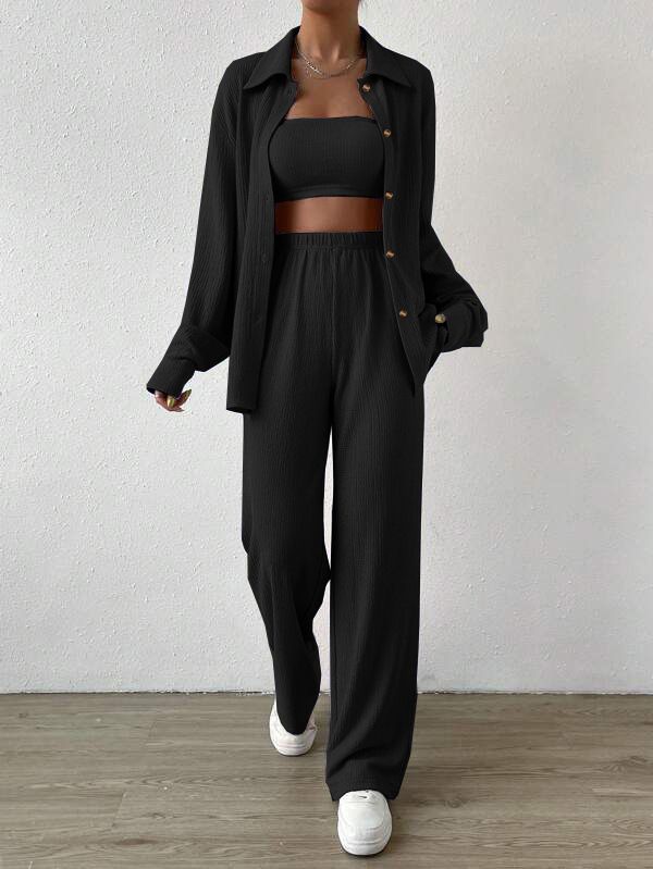 Ensemble 2 pièces pour femme, cardigan à revers et pantalon ample, couleur unie, décontracté et tendance, collection automne-hiver_voghion.com