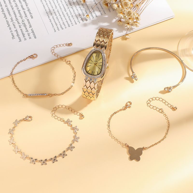 Coffret montre et bijoux pour femme, cadeau pour petite amie, 5 pièces, bracelet serpent en acier, diamants, montre + bracelet papillon, coffret cadeau 5 pièces_voghion.com