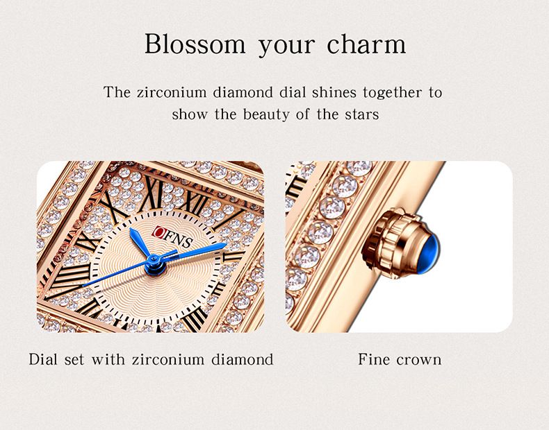 Elegante orologio quadrato da donna con dettagli in diamanti - Cinturino in acciaio inossidabile e vetro minerale - Movimento al quarzo - Resistente all'acqua 30M_voghion.com