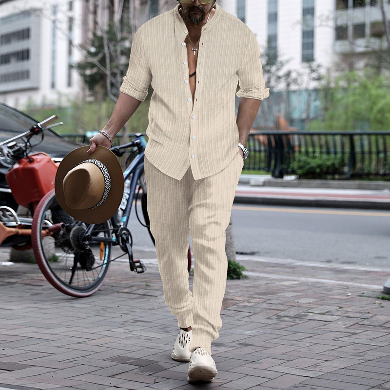 Fall Casual Mens Two Piece Sets Long Sleeve Button Stand Collar Shirts And Pants Outfits Suits Men Vintage Striped Printed Sets_voghion.com