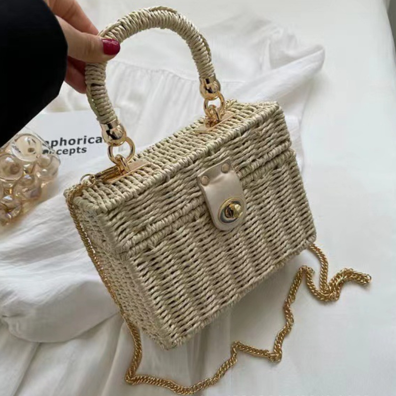 Borsa da donna in corda di paglia a tracolla in paglia, borsa in tessuto, borsa in paglia quadrata tenuta a mano, borsa da spiaggia per le vacanze, in rattan tutto-fiammifero_voghion.com