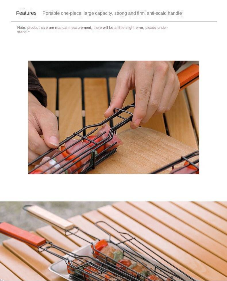 2-Pack Outdoor Wooden Handle BBQ Grill Basket - Perfect for Camping, Meat & Vegetable Grilling, Picnic BBQ Tool, Charcoal Sausage Skewers_voghion.com