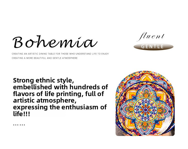 Bohemian Ceramic Dinnerware Set - Underglaze Hand-Painted Bowls & Plates With Handles Vintage Style For Home & Restaurant_voghion.com