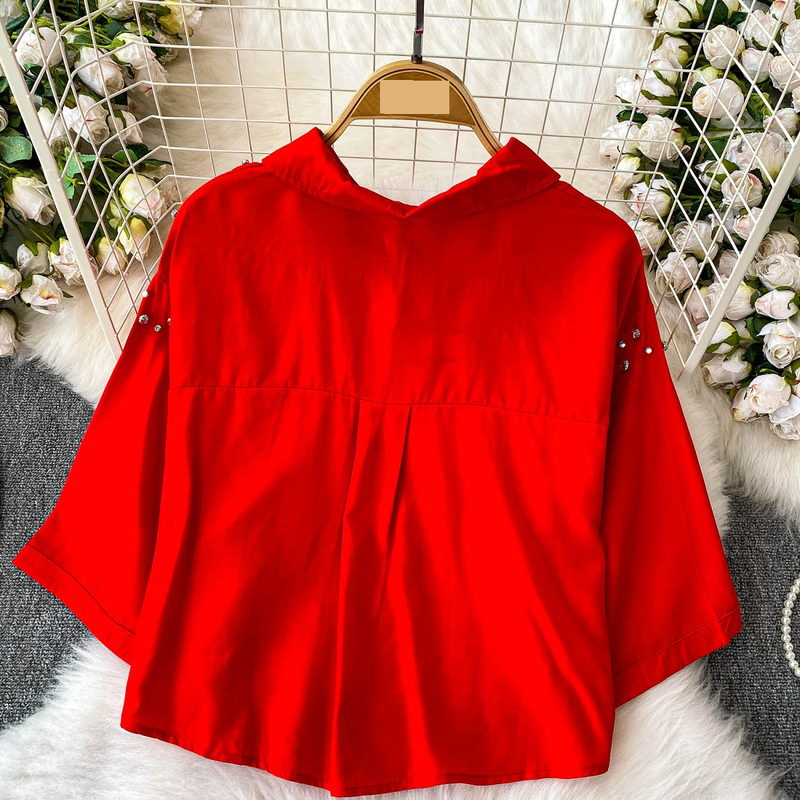 Luxe blouse met versieringen voor dames, statement revers, top met halflange mouwen, 8 levendige kleuren (zwart/groen/rood/meer) voor op kantoor en een avondje uit_voghion.com