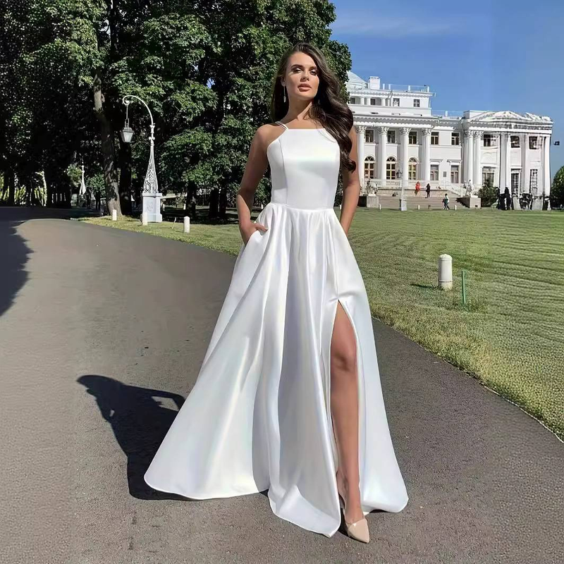 Sommerkleid in Übergröße, ärmelloses Maxikleid mit V-Ausschnitt und Schlitz, elegantes, fließendes Design, atmungsaktives Polyestergewebe – weißes, lässiges Boho-Chic-Kleid_voghion.com
