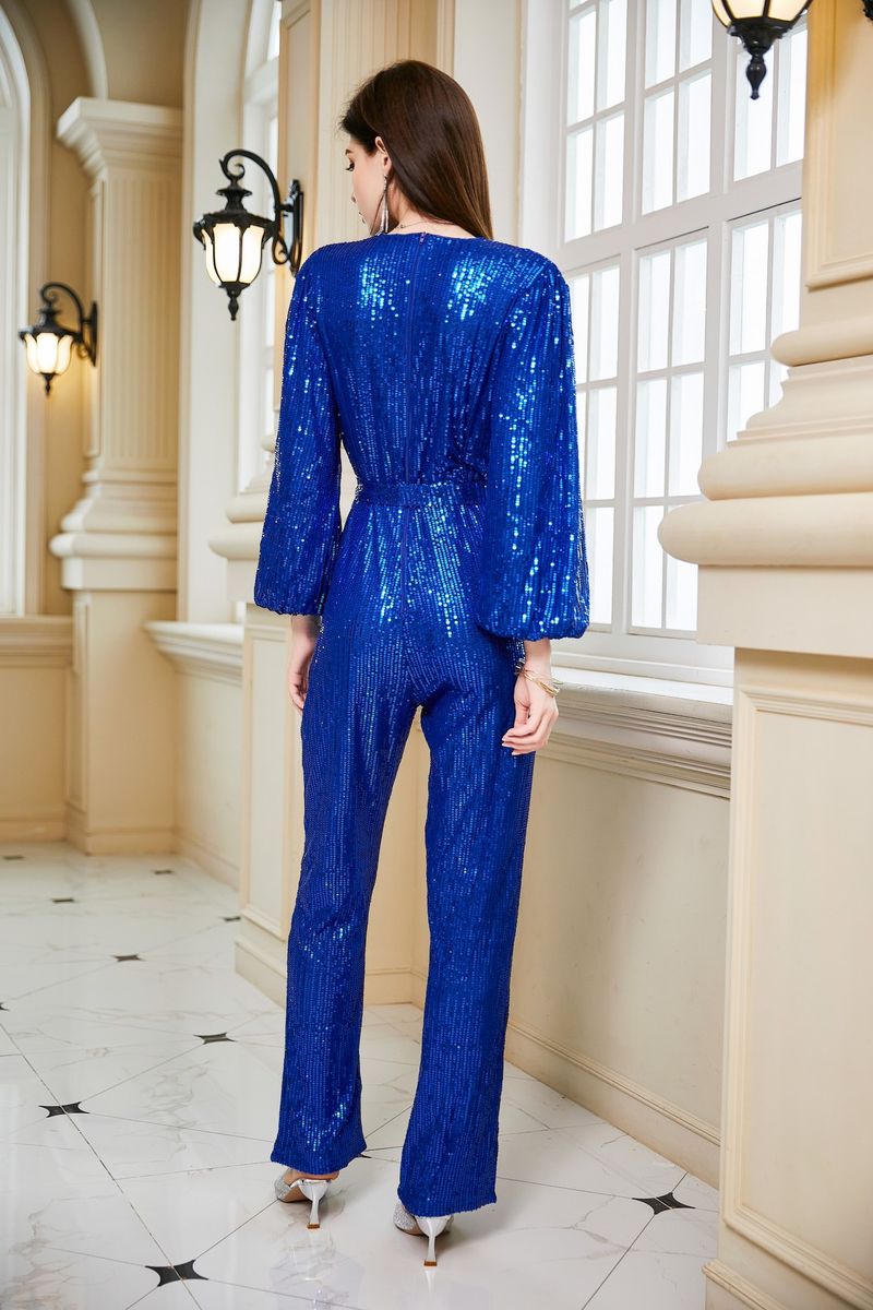 Damenbekleidung Eleganter Langarm-Jumpsuit mit V-Ausschnitt und Glitzer-Pailletten – Stilvolle Partykleidung für Frauen (Blau, S/M/L/XL/XXL)_voghion.com