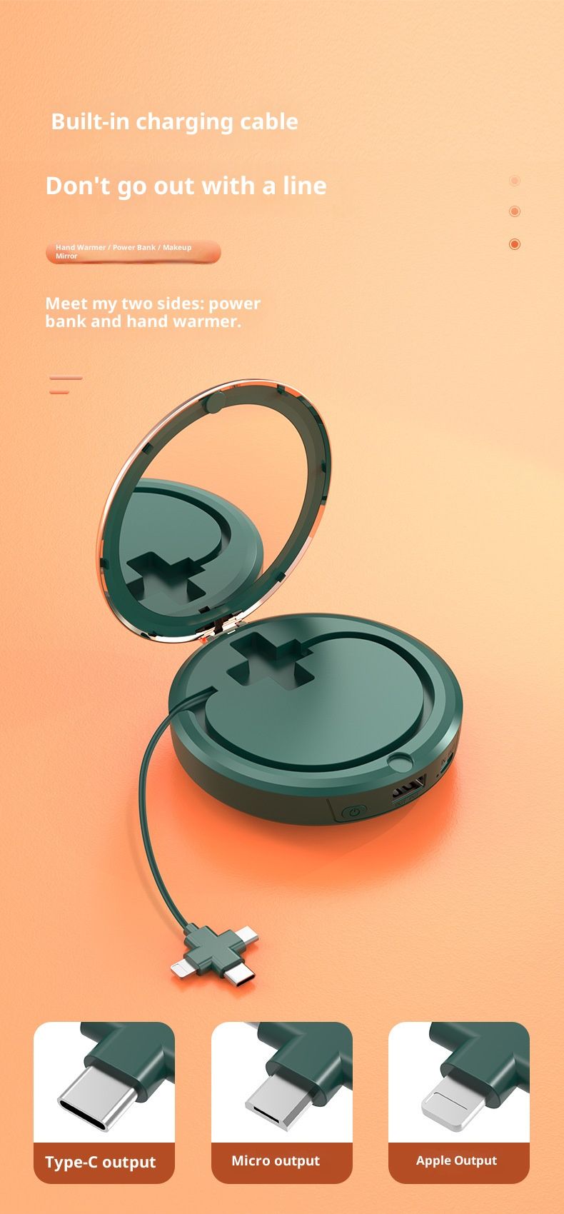 Set regalo 3 in 1 in stile vintage: specchio per il trucco a LED, power bank da 6000 mAh e scaldamani regolabile con ricarica USB - illuminazione bifacciale_voghion.com