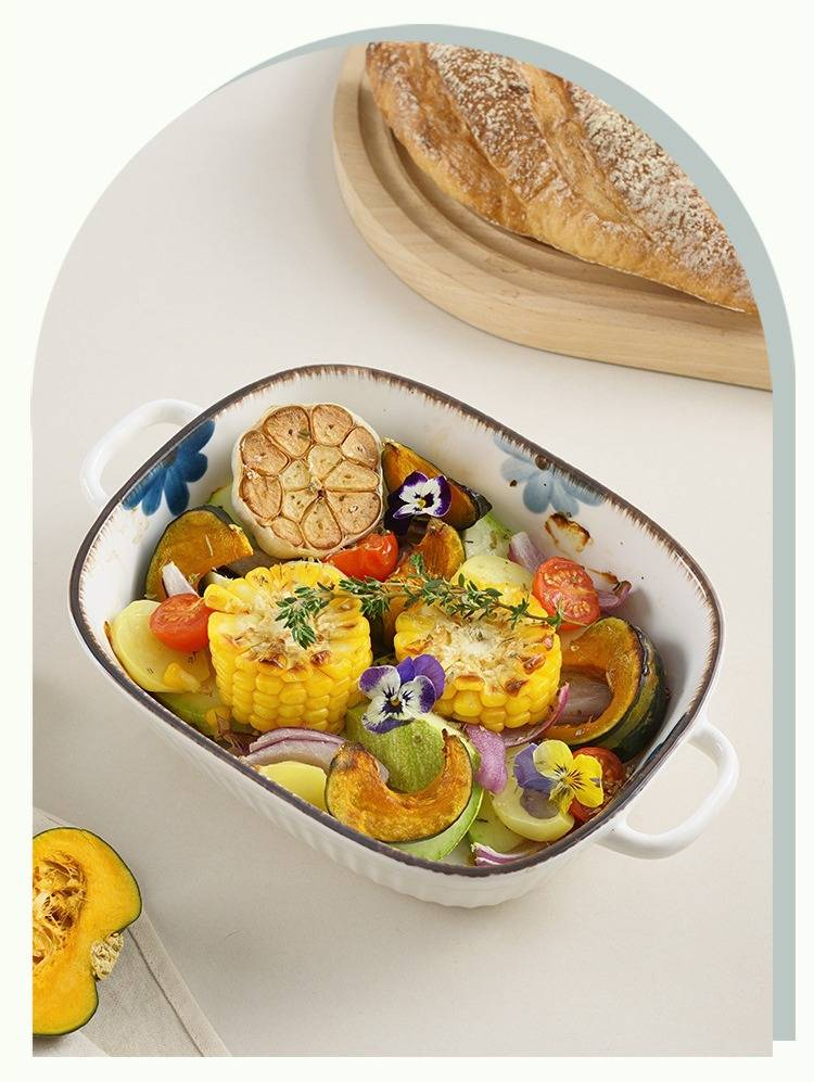 Ceramic Baking Dish With Ink Floral Pattern – 9.5" Double-Handled Soup Bowl, Microwave & Oven Safe_voghion.com