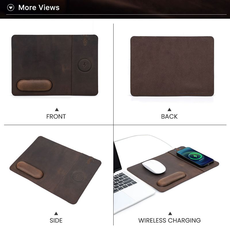 15W Wireless Fast Chargers Pad With Genuine Leather Charging Mouse Mat For PC Computers Laptops Office Accessories_voghion.com