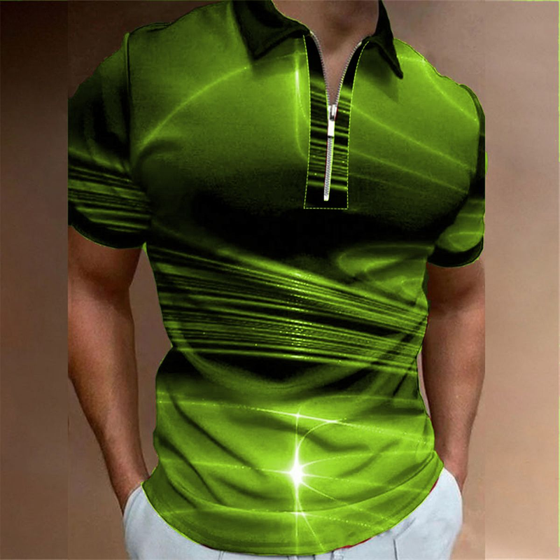 Sommar herrkortärmade kläder med blixtlåskrage Pikétröja herr 3D-tryckt grafik ventilerande casual topp_voghion.com