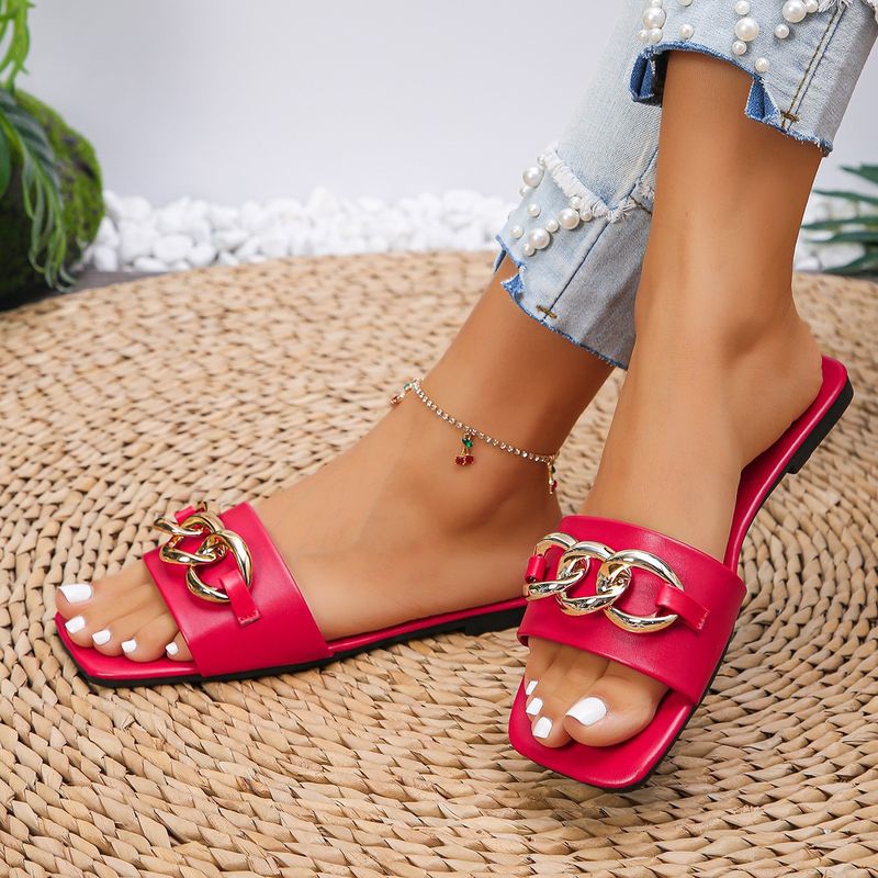 New Line Metal Chain Women's Slippers Flat Flat Square Head Sandals_voghion.com