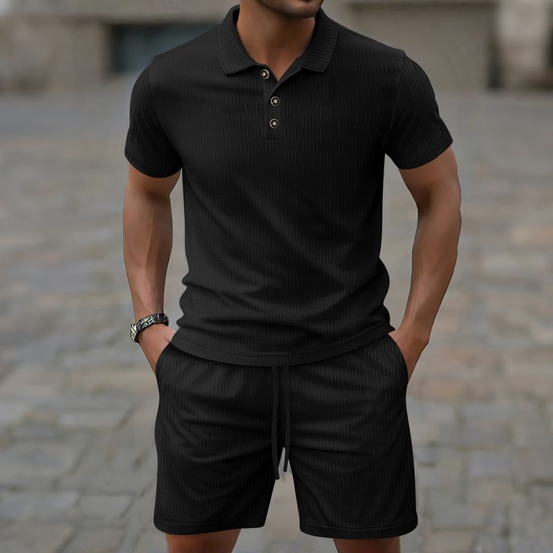 2025 Summer New Casual Men's Solid Color Jacquard Lapel Button Short Sleeve Shorts Set_voghion.com