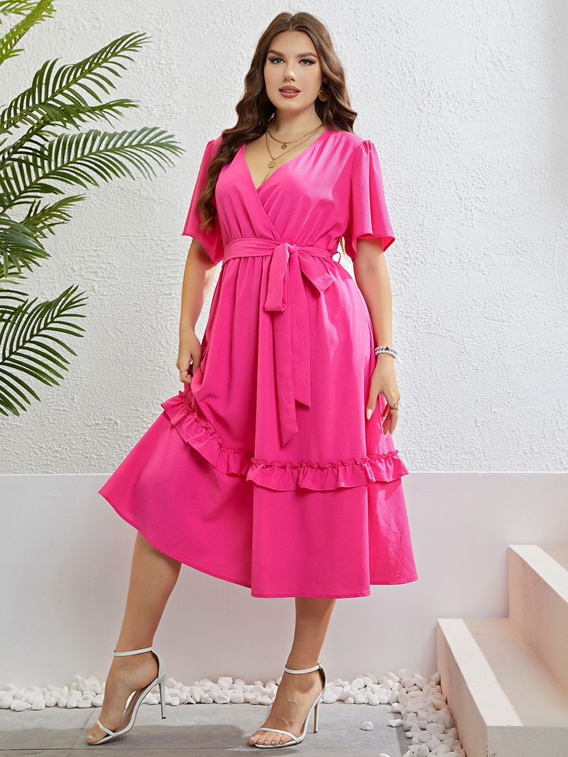 Vestido medio cárdigan con cuello en V rojo rosa de verano para mujer_voghion.com