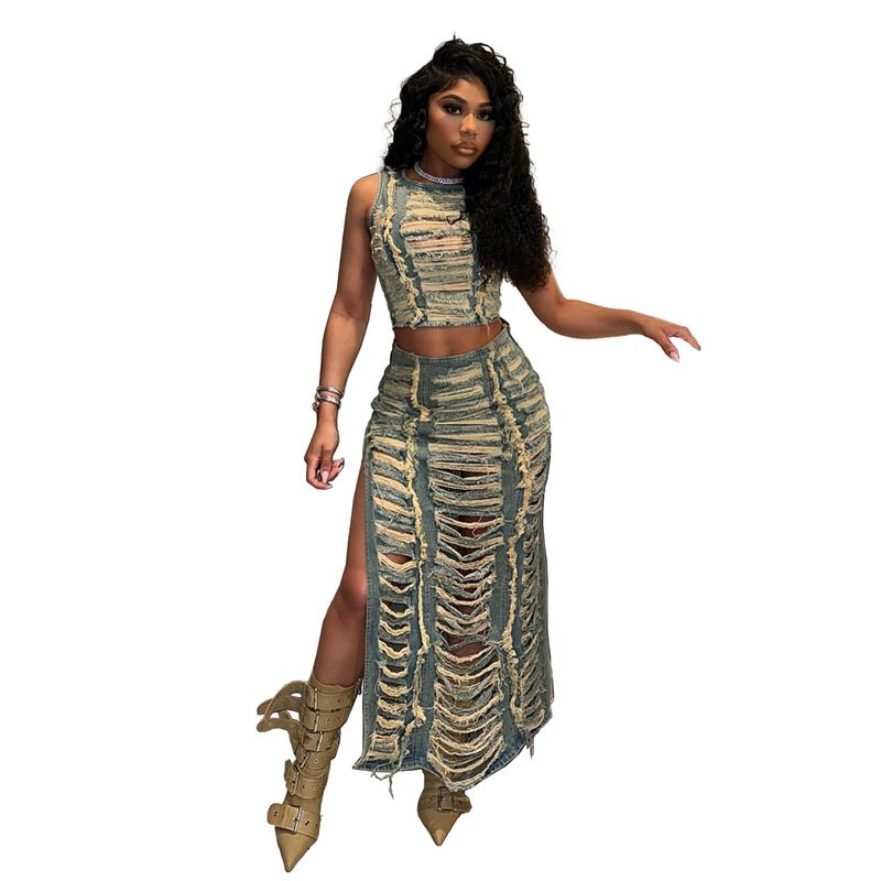 Women’s Clothing women's denim suits, cross border women's fashion, personalized hand worn vest, high slit denim skirt suit_voghion.com