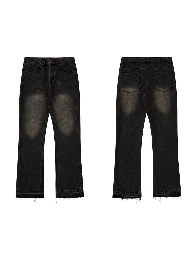 Smoke Gray Tassel Version Retro Vintage Jeans Distressed Gray Fringe Hem, Relaxed Straight Fit AestheticComfort Stretch Denim Jeans_voghion.com