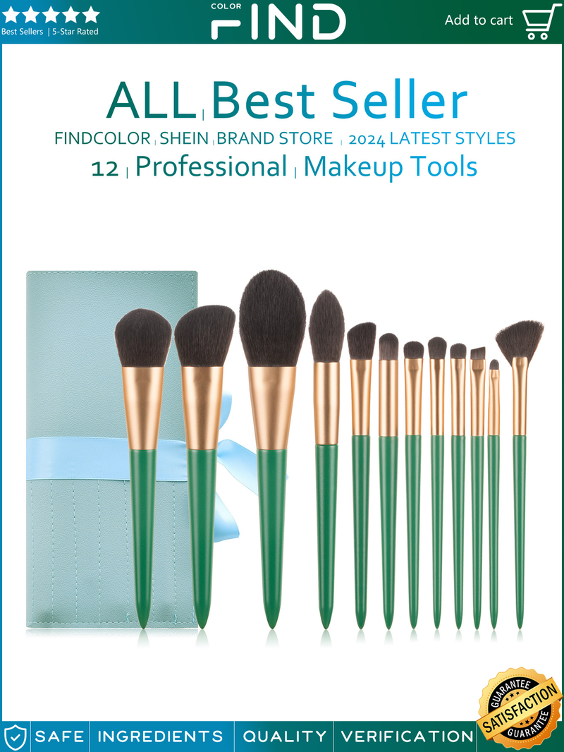 12-teiliges dunkelgrünes, hochwertiges Make-up-Pinsel-Set + Make-up-Pinsel-Tasche, groß, Direktverkauf ab Werk, FINDCOLOR_voghion.com