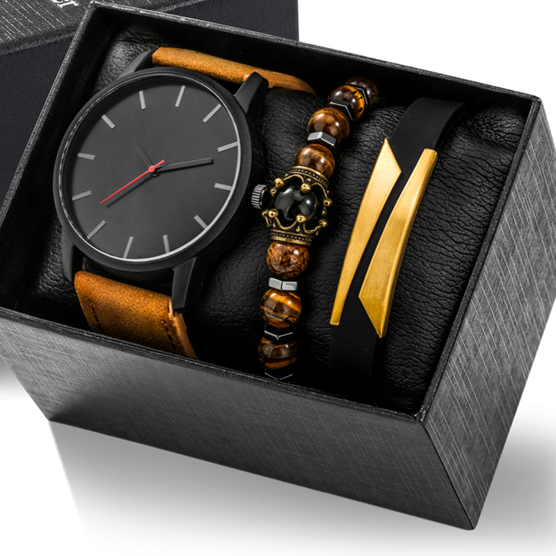 Orologio al quarzo da uomo 2024 minimalista alla moda casual da uomo con cintura + bracciale in occhio di tigre con corona + set di braccialetti in lega di titanio_voghion.com