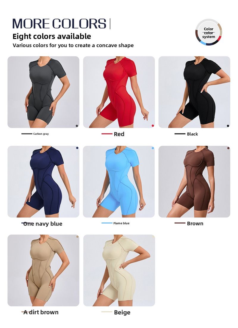 Tuta sportiva da yoga in un unico pezzo, aderente, a maniche corte e senza schienale, con estetica tridimensionale europea e americana_voghion.com