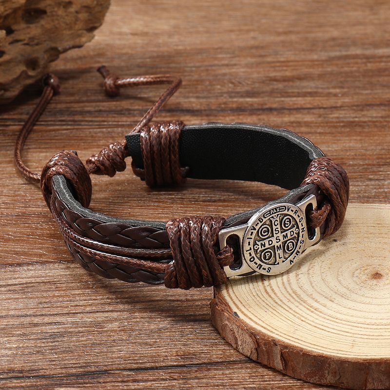 Bracciale retrò da uomo in pelle intrecciata a mano, stile retrò semplice, braccialetto regolabile con coulisse, accessori per braccialetti_voghion.com