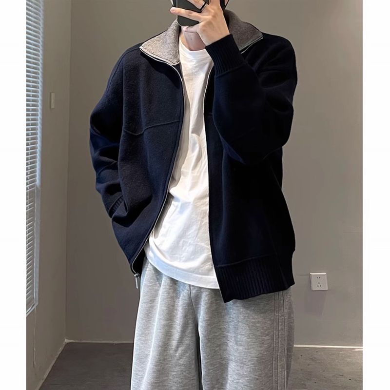 Cardigan d'hiver zippé pour homme – Veste à revers en tricot épais, doublure polaire chaude, style décontracté (bleu marine/abricot, M-3XL)_voghion.com