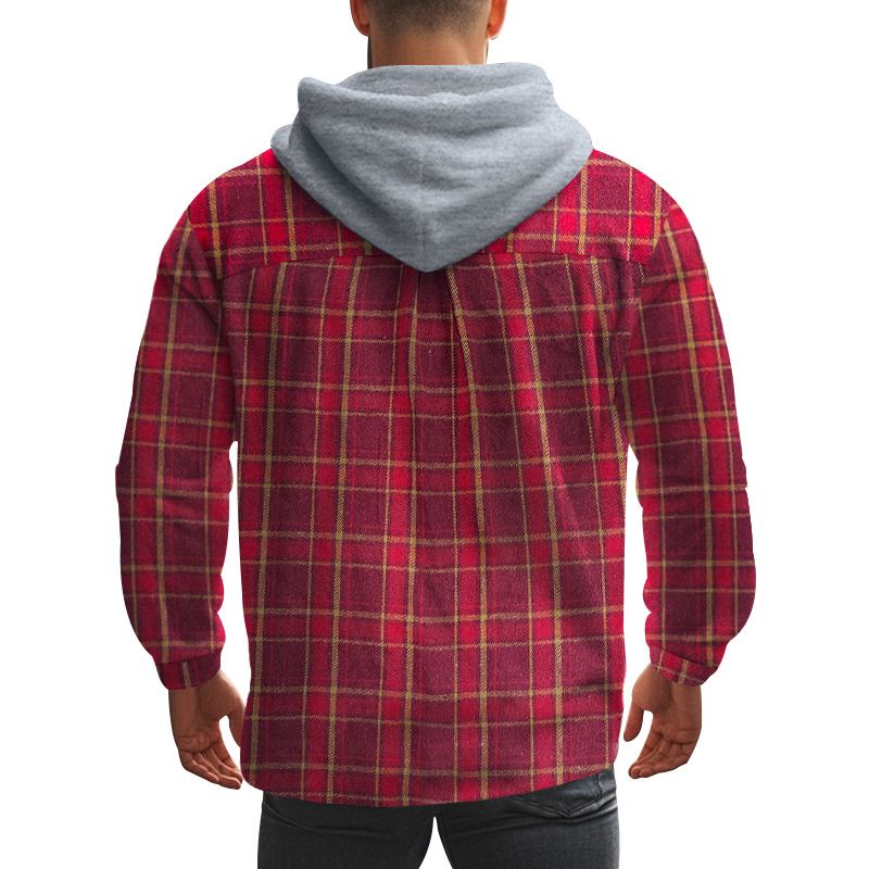 Camicia casual alla moda da uomo in stile americano, autunno inverno, con cappuccio, in flanella jacquard a quadri_voghion.com