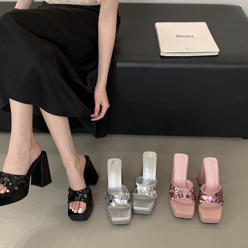 2025 Summer High Heel Slippers, Outdoor Sequins Thick Heel Waterproof Platform Square Open Toe Sandals_voghion.com