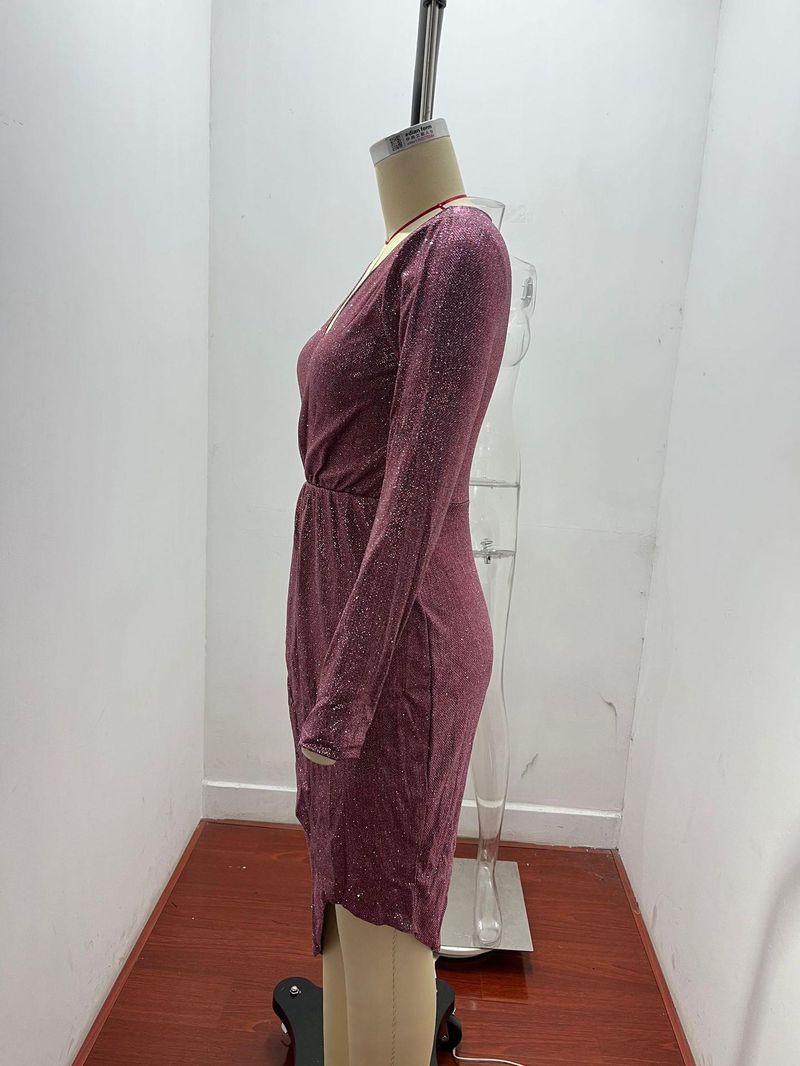 Ženska oblačila, nova vroče žigosana seksi midi krilo z dolgimi rokavi, V-izrez, formalna večerja, slim fit obleka za ženske_voghion.com