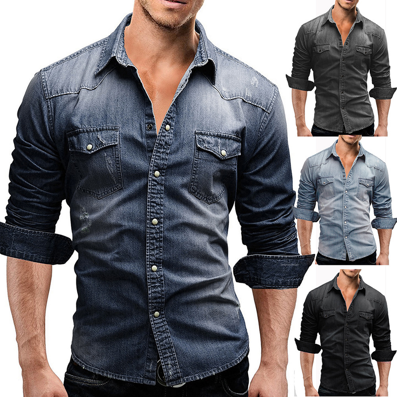 2020 Frühlingsmode Vier Jahreszeiten Modell Doppeltasche Herren Casual Langarm Jeanshemd 3011_voghion.com