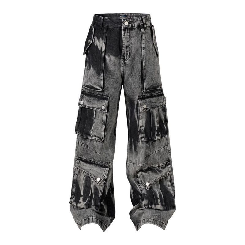 Calças de trabalho com bolsos grandes e design tie-dye americano para homens e mulheres, jeans de hip-hop de perna larga e corte solto_voghion.com