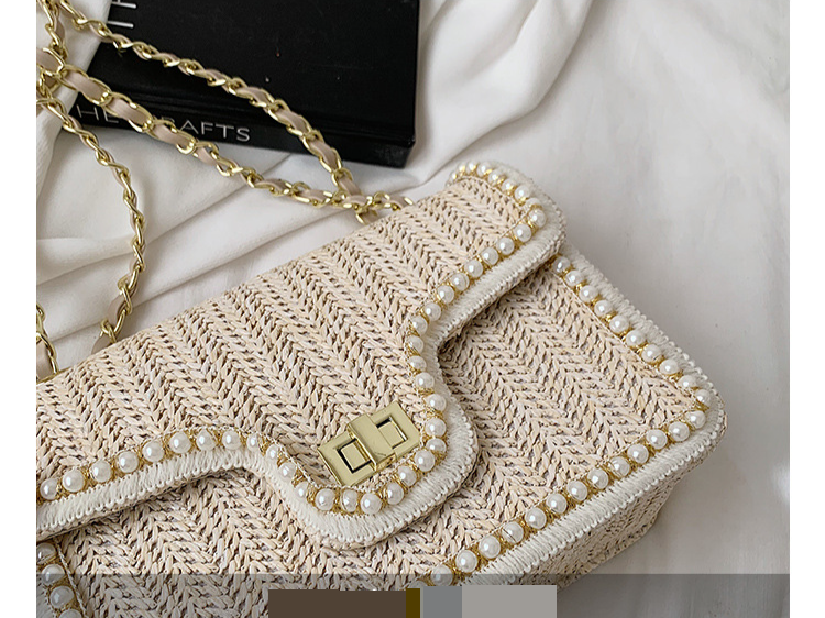 Borse da donna Nuovo stile Perline Bordo Catena Una spalla Lucchetto Piccola borsa quadrata Signore Paglia intrecciata Piccola fragranza Stile Moda Piccola borsa quadrata_voghion.com