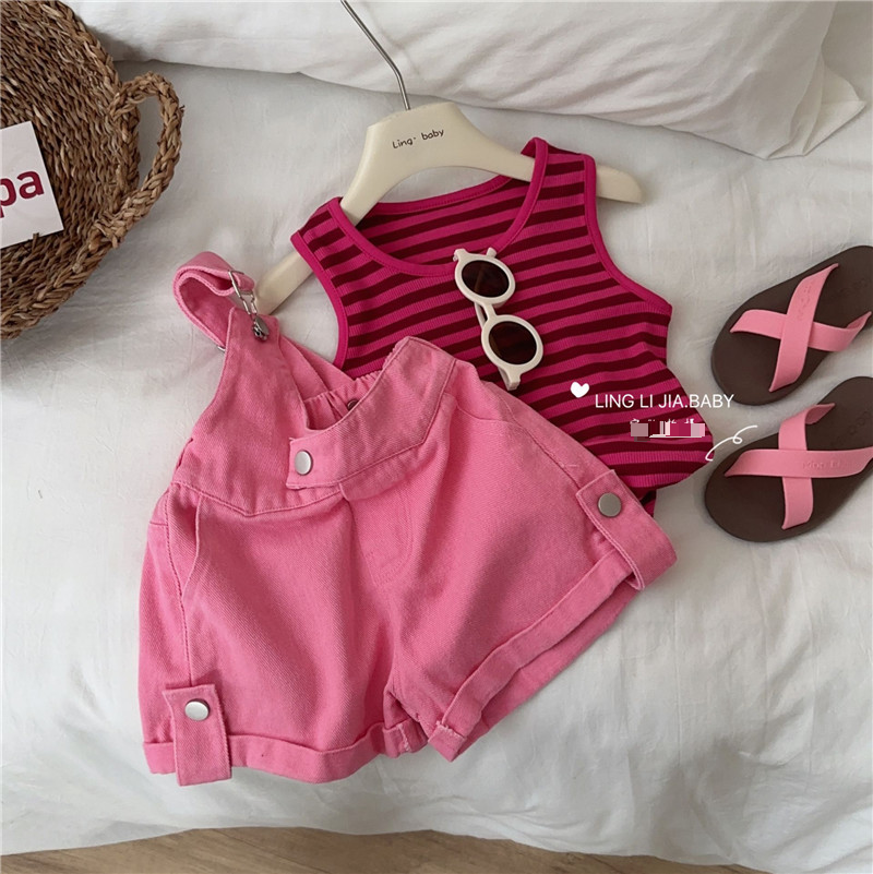 Traje de mezclilla para madre e hija, para niñas, nuevo traje de verano para bebés, chaleco a rayas, traje de dos piezas_voghion.com