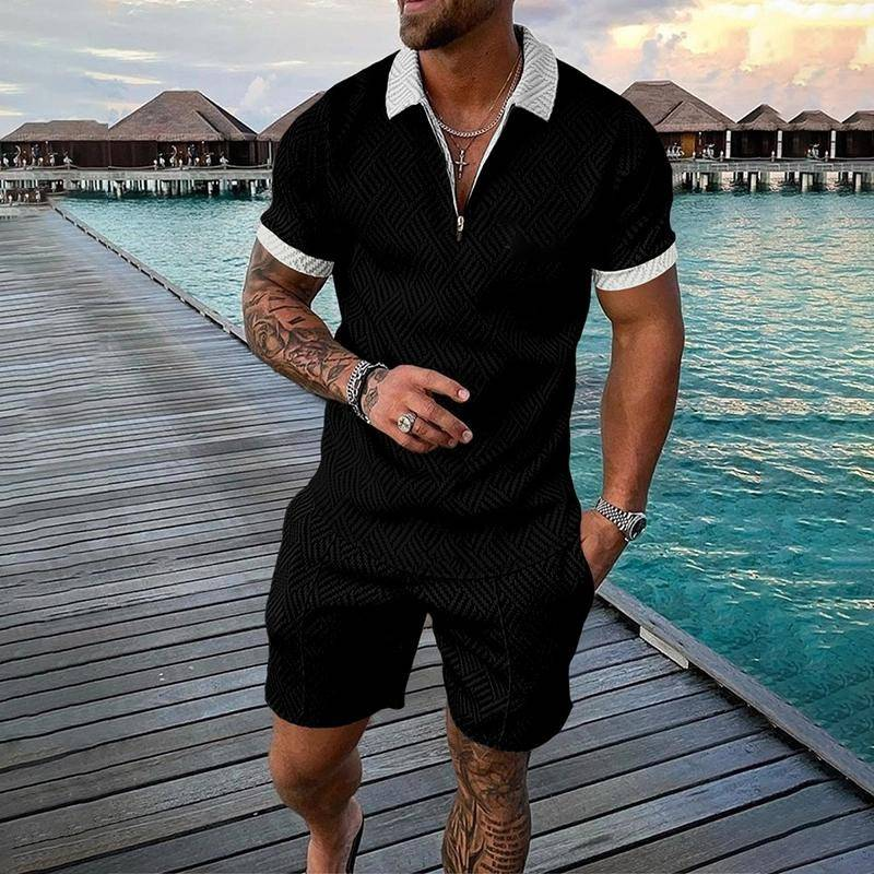 Neues modisches Poloshirt-Set mit Reißverschluss für Herren, lässig, mit 3D-Druck, kurzärmelige Hemden und Shorts_voghion.com