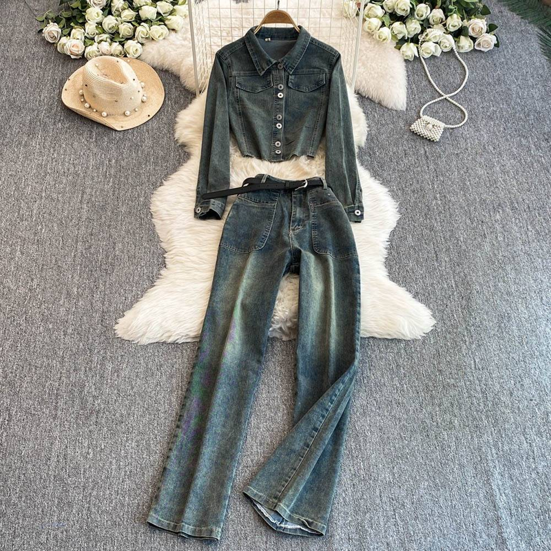 Women's Clothing Retro Hottie Denim Tops Autumn And Winter New High Waist Slim All Match Casual Flared Trousers Two Piece Set_voghion.com