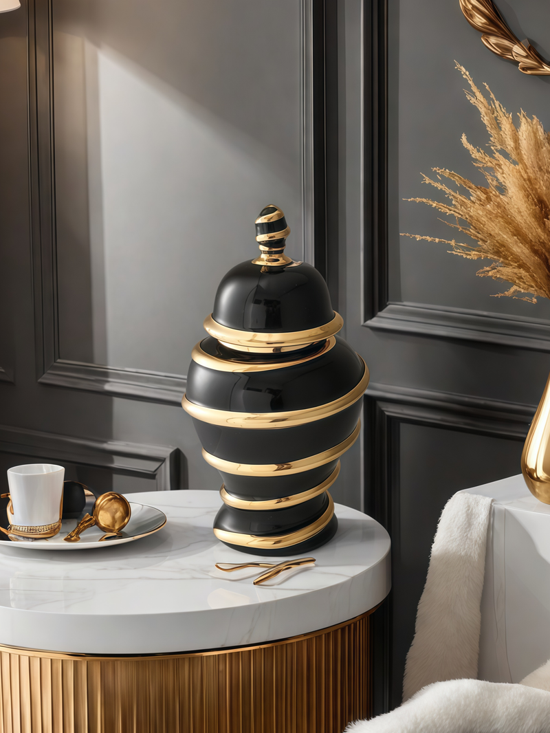 1 vase décoratif en céramique à rayures dorées avec couvercle, design léger et luxueux, pouvant contenir de l'eau, pour arrangement floral, vase décoratif_voghion.com