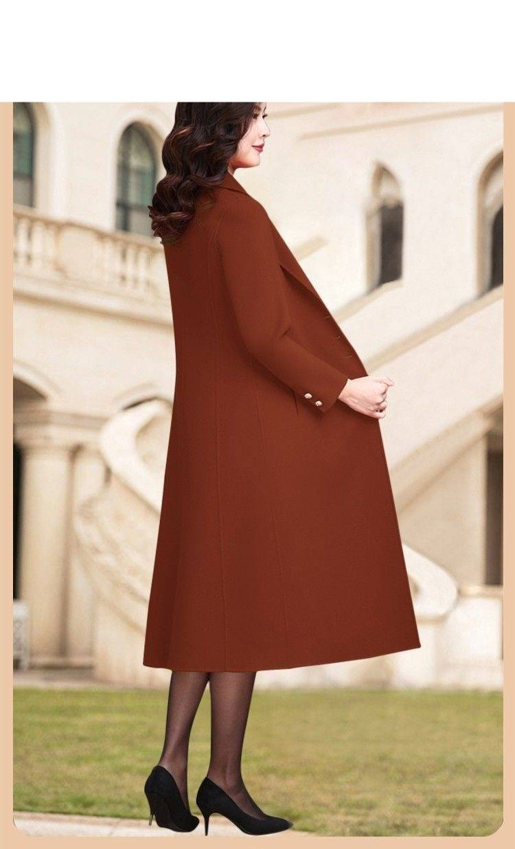 Knielanger Trenchcoat aus Wollmischung mit Gürtel für Damen – Eleganter, lässiger Büromantel in Unifarben (Khaki, Burgunderrot, Kaffeebraun, Karamell)_voghion.com