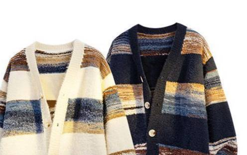„Plus-Size-Strickjacke mit Farbverlaufsstreifen für Herren – Pullover mit V-Ausschnitt und offener Vorderseite_voghion.com