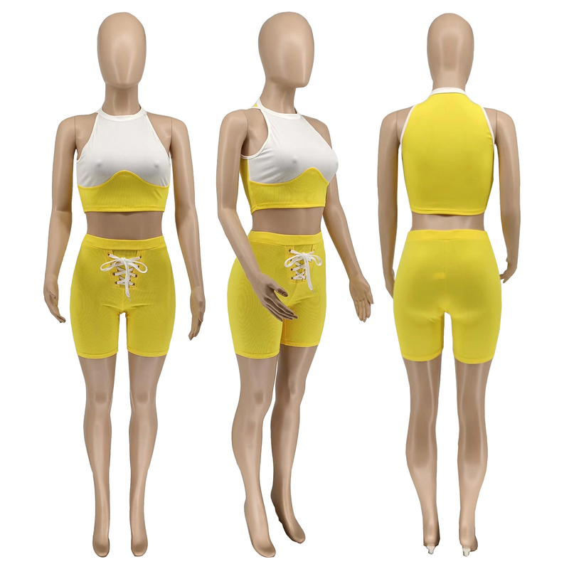 Frauen Sommer Neue Mode Lässig Sexy Feste Nähte Rippe Stricken Pit Streifen Zwei-stück Set_voghion.com