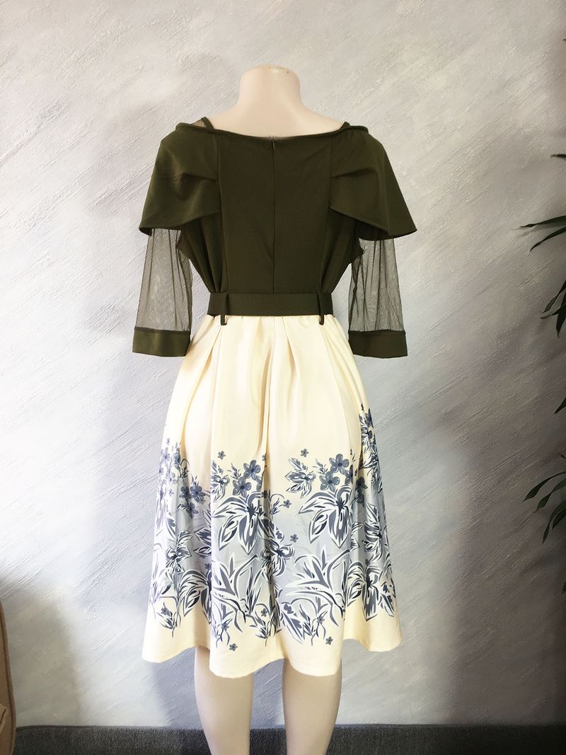 Women's Clothing Printing And Solid Color One Shoulder Lotus Leaf Sleeves Waist Cinching A Line Skirt With Same Color Belt_voghion.com